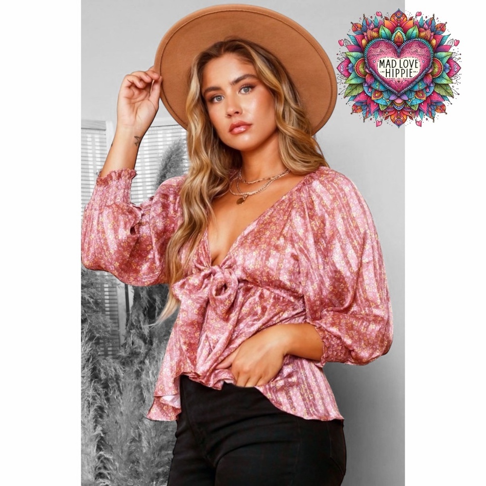 Peach Love Pink Satin Floral Print V Neck Sparkle Accent Babydoll Top with Bow - Picture 3 of 7